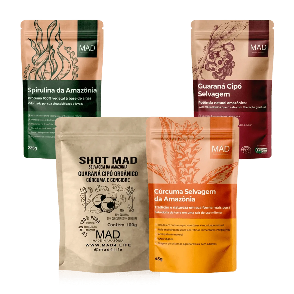 Kit Performance - Guaraná 100gr + Amazon Spirulina 225g + Shot Mad100gr  + Cúrcuma Selvagem em Pó 45g - MAD