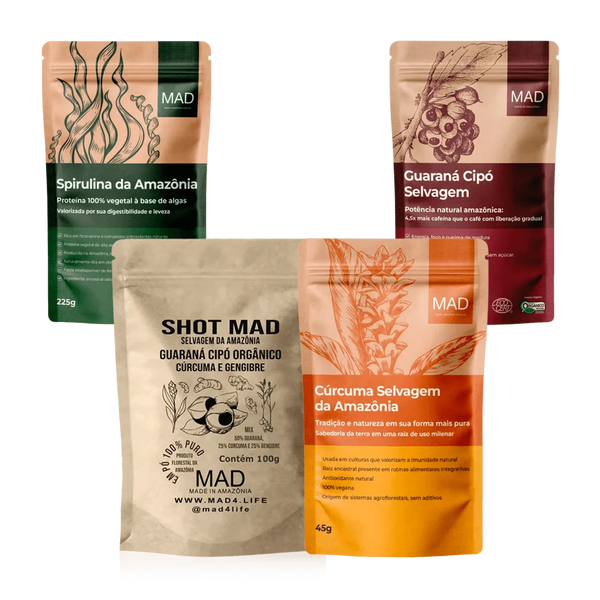 Kit Performance - Guaraná 100gr + Amazon Spirulina 225g + Shot Mad100gr  + Cúrcuma Selvagem em Pó 45g - MAD