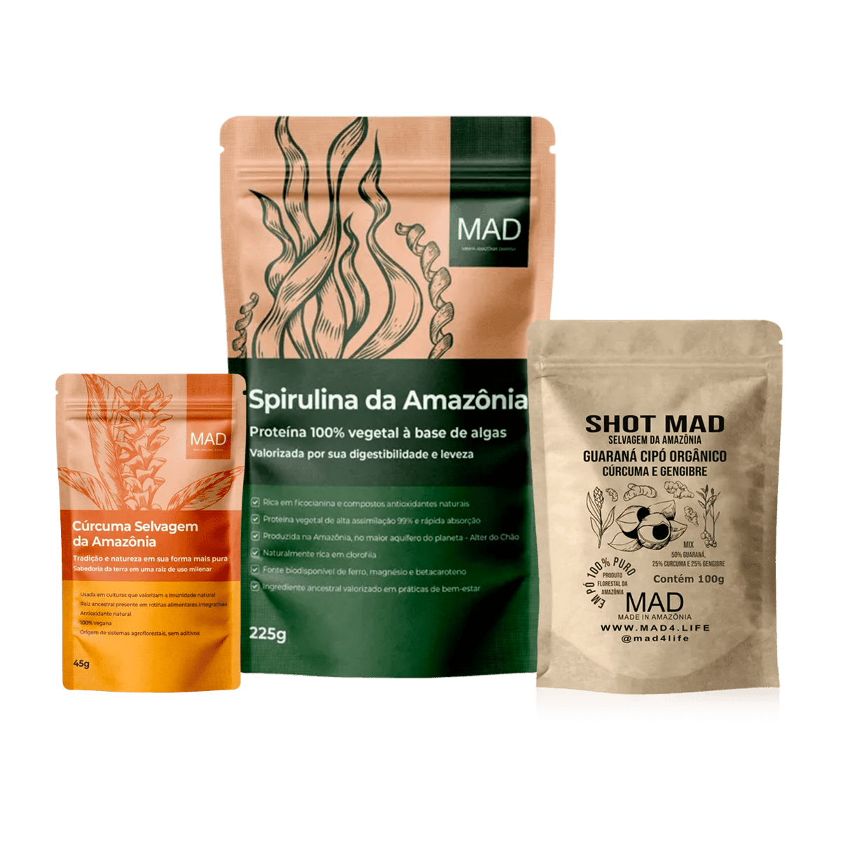 Kit Equilíbrio Intestinal -  Amazon Spirulina 225g + Shot Mad 100gr  + Cúrcuma Selvagem em Pó 45g - MAD