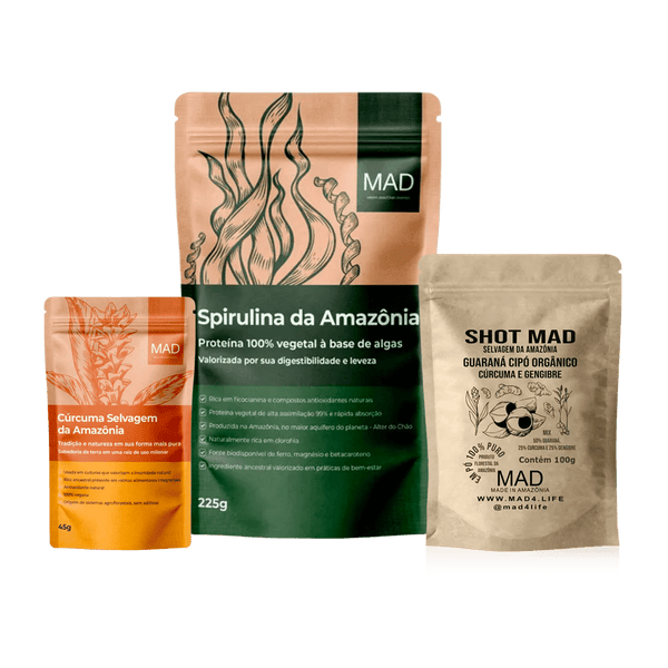 Kit Equilíbrio Intestinal -  Amazon Spirulina 225g + Shot Mad 100gr  + Cúrcuma Selvagem em Pó 45g - MAD