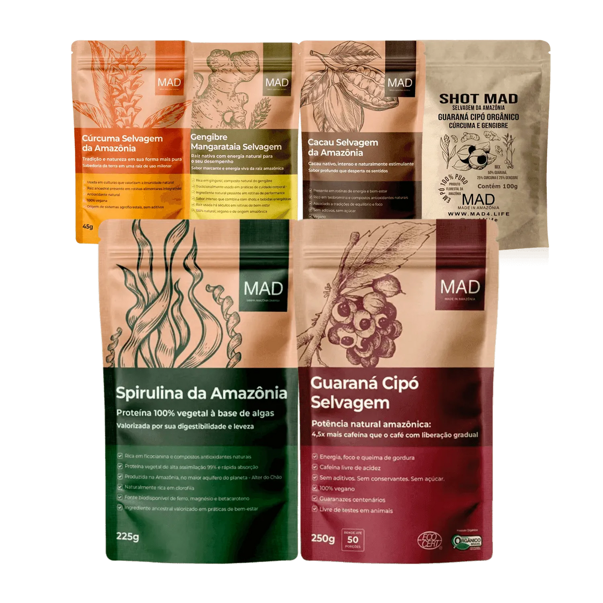 Kit Cobertura Nutricional 360º - Cacau + Guaraná + Spirulina  + Shot  + Cúrcuma + Gengibre - MAD
