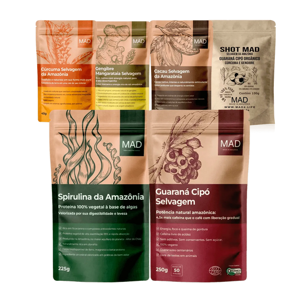 Kit Cobertura Nutricional 360º - Cacau + Guaraná + Spirulina  + Shot  + Cúrcuma + Gengibre - MAD