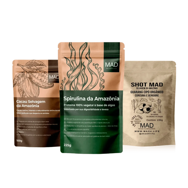 Kit Trip -  Amazon Spirulina 225g + Shot Mad 100gr  + Cacau Selvagem Puro em Pó 100g - MAD