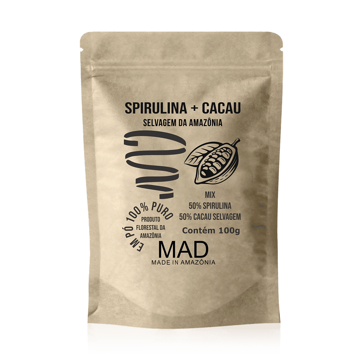 Pacote de Spirulina com Cacau Selvagem da Amazônia MAD 100 g